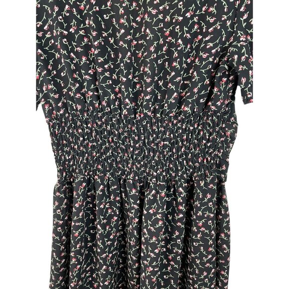 Urban Outfitters Emmy Black Floral V-Neck Ruched Short Sleeve Dress Womens L - Picture 8 of 10